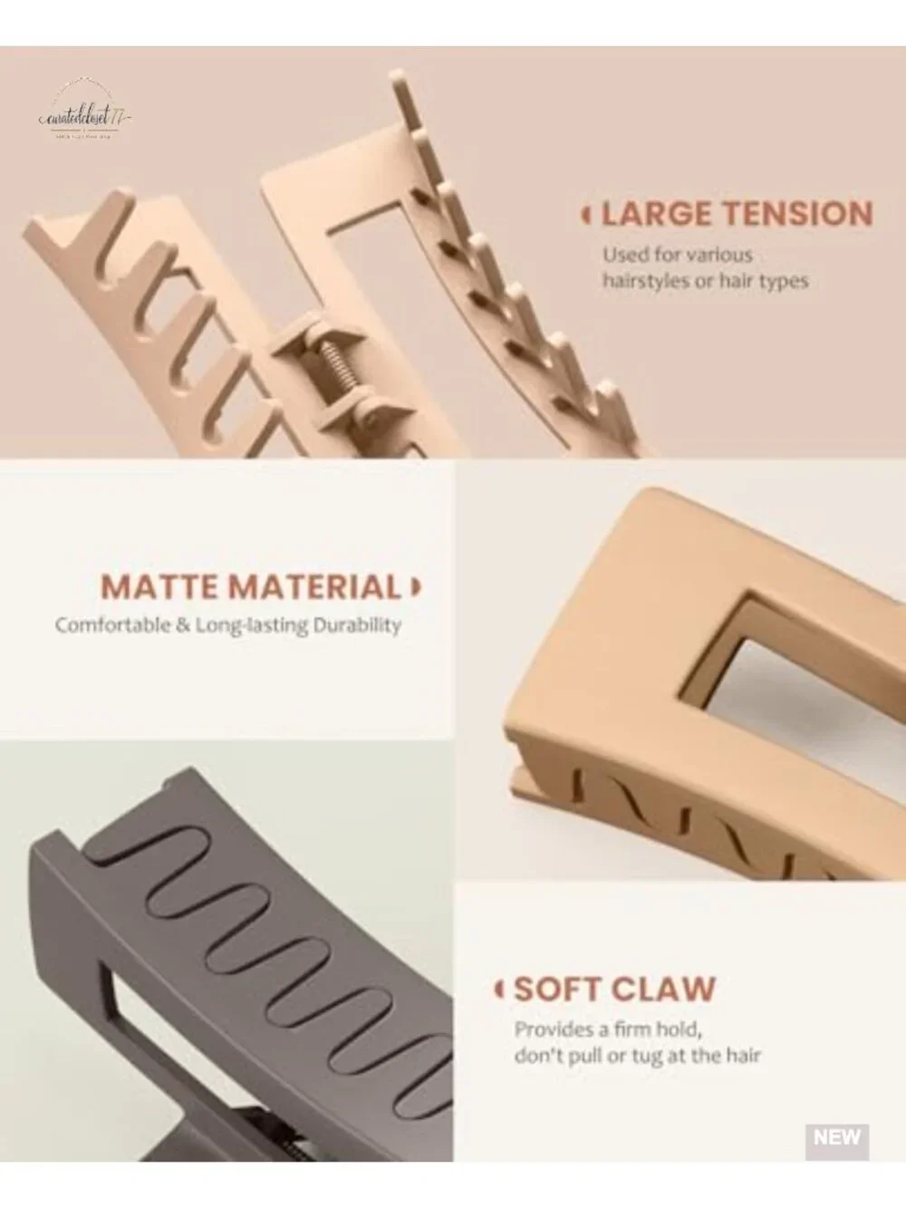 Large Matte Square Nonslip Hair Claw Clips, 4.75